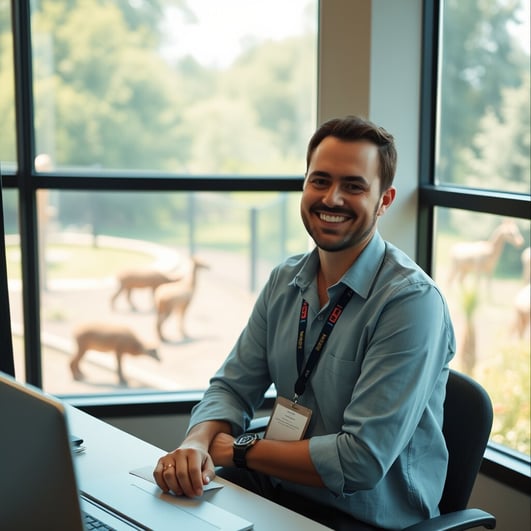 A volunteer manager wearing a lanyard, sitting at a desk in an office with large windows overlooking