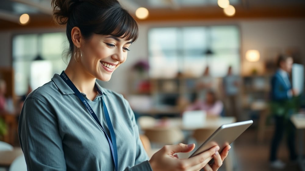 A volunteer manager working on a tablet, wearing lanyard, smiling warmly at the screen