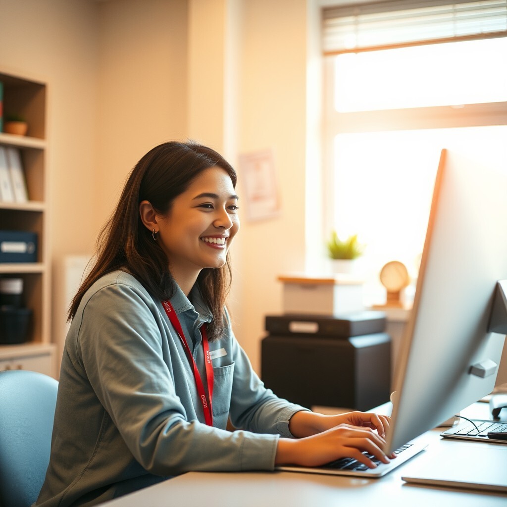 A volunteer sitting at a desk, working on a computer, smiling with a look of satisfaction, bright na