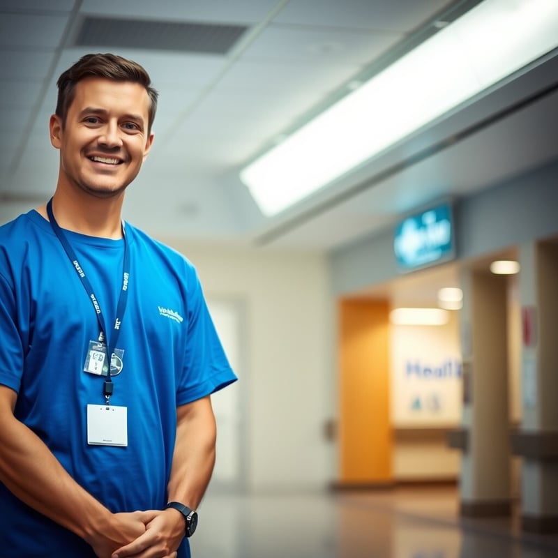 Male hospital volunteer in a blue shirt with an ID badge smiling in a brightly lit medical facility hallway.