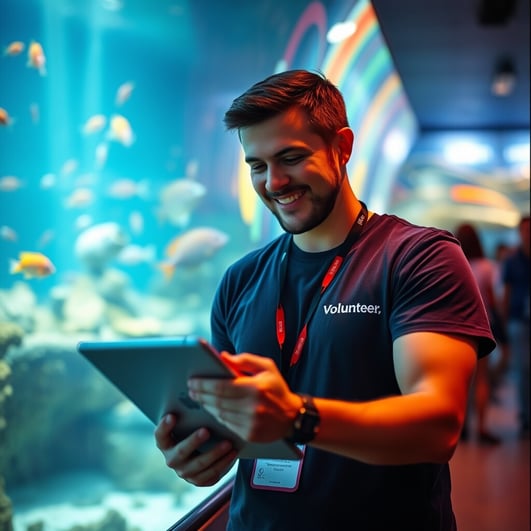 A volunteer standing inside an aquarium, holding an iPad and smiling while looking at the screen, we