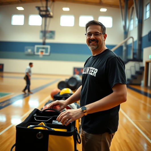 A volunteer working in a community center gym, arranging sports equipment.