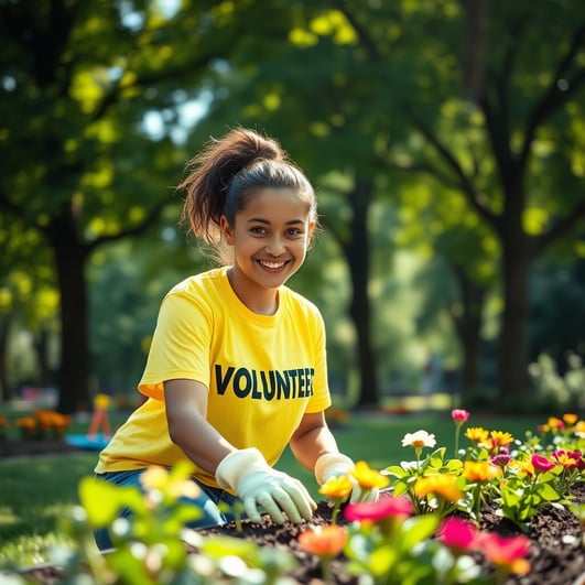 A volunteer working in a park, wearing a bright yellow t-shirt and gloves, tending to flowers.