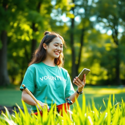 A smiling woman outside, holding a smartphone, with trees in the background.