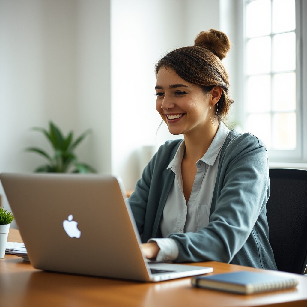 A woman sitting at a desk, smiling at her laptop screen, wearing casual or professional attire, brig