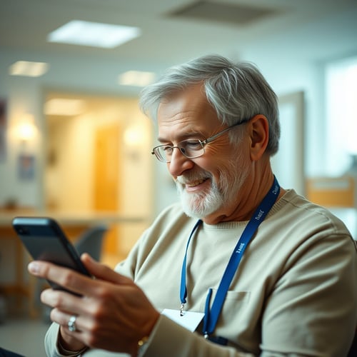 A smiling senior male volunteer with glasses and a lanyard using a smartphone indoors.