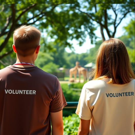 Two volunteers wearing lanyards, standing with their backs to the camera, looking out over a zoo, lu
