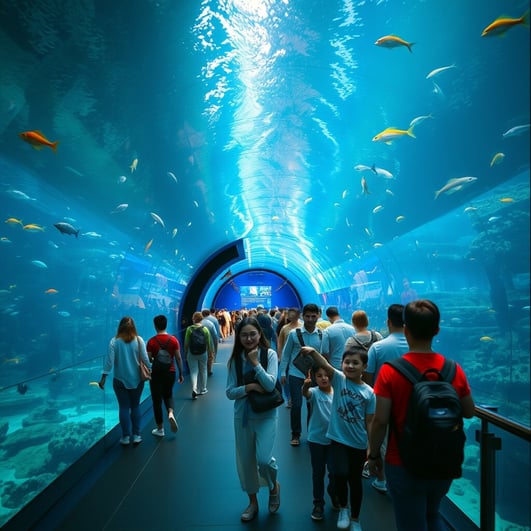 Visitors at a large aquarium, standing and walking along glass tunnels and viewing areas, colorful f