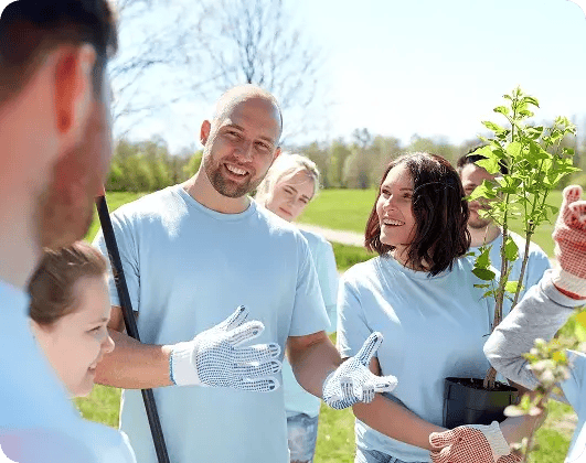 Group of volunteers in gloves smiling and preparing to plant a young tree in a park.