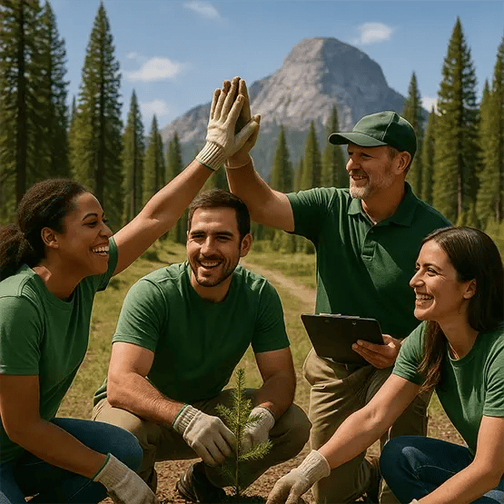 Four volunteers in a national park planting a young tree, smiling as two of them give a high-five, with mountains and pine trees in the background.