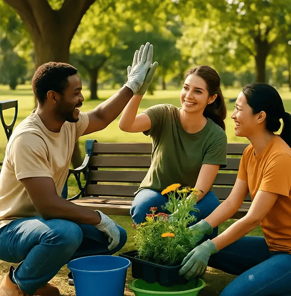 Three volunteers in a park smile as two high-five near a bench while another arranges flowers, representing teamwork and collaboration in a recreational setting.