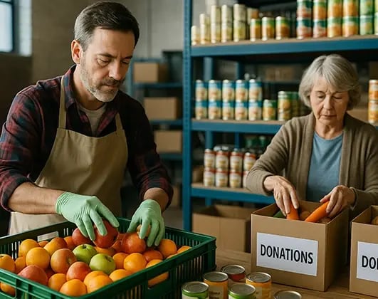 Two volunteers sort fresh produce into boxes at a food bank, preparing food donations for community distribution.