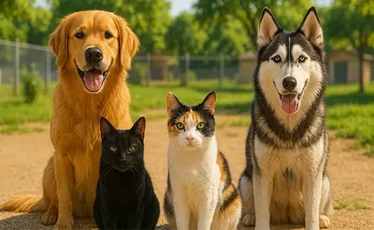 Diverse group of cats and dogs, including golden retriever, husky, black cat, and calico cat, sitting in a sunny shelter yard outdoors.