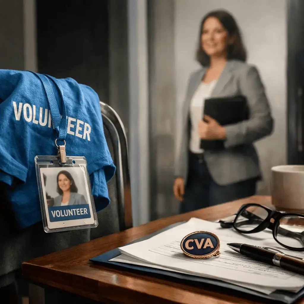 A Volunteer Leader stand behind her desk
