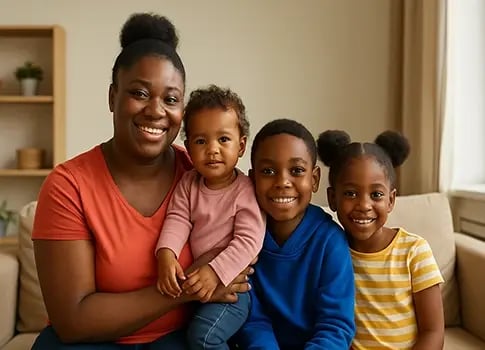 An African American family of four sits closely together on a couch, smiling warmly at the camera. The parents embrace their young children, creating a feeling of comfort, love, and unity.