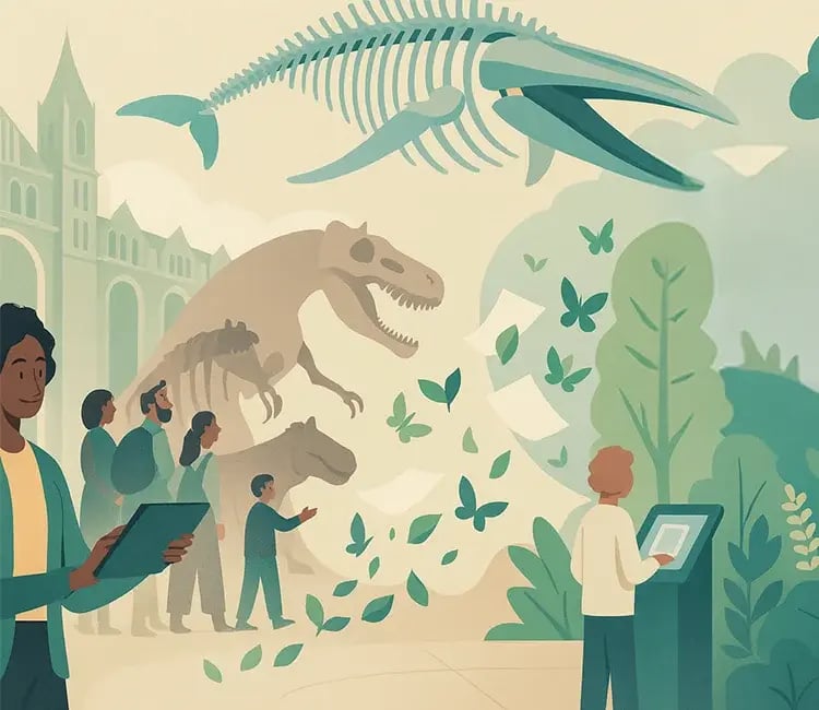 Illustration of museum visitors exploring exhibits with digital tablets, featuring dinosaur and whale skeletons alongside butterflies and greenery.