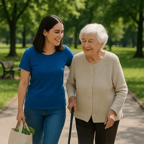 Young woman carrying a grocery tote walks beside an elderly woman with a cane in a sunlit park, sharing a warm and supportive moment.