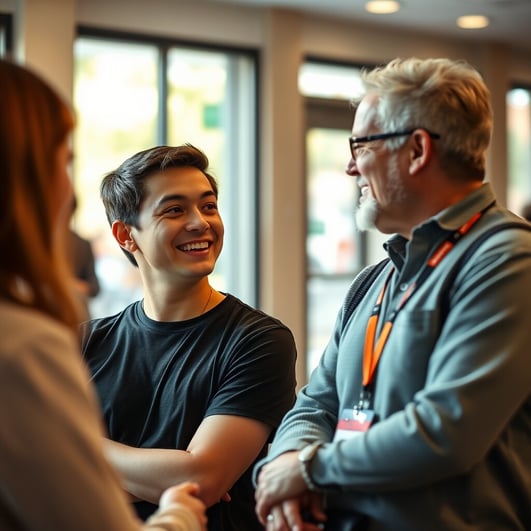 College student talking with a volunteer manager wearing a lanyard, both smiling.