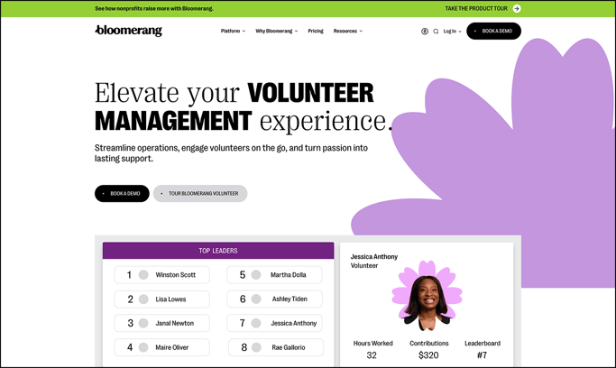 The Bloomerang Volunteer product page.