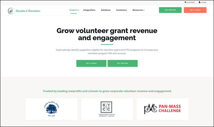 The Double the Donation Volunteering product page.